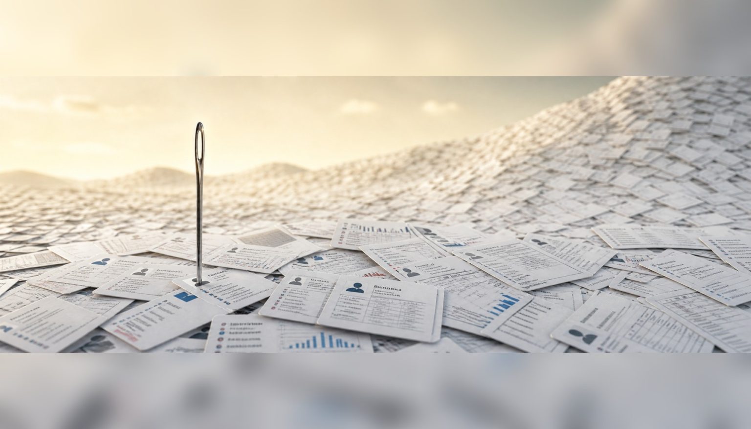 A needle standing in a haystack of business cards symbolizing precision in b2b list building