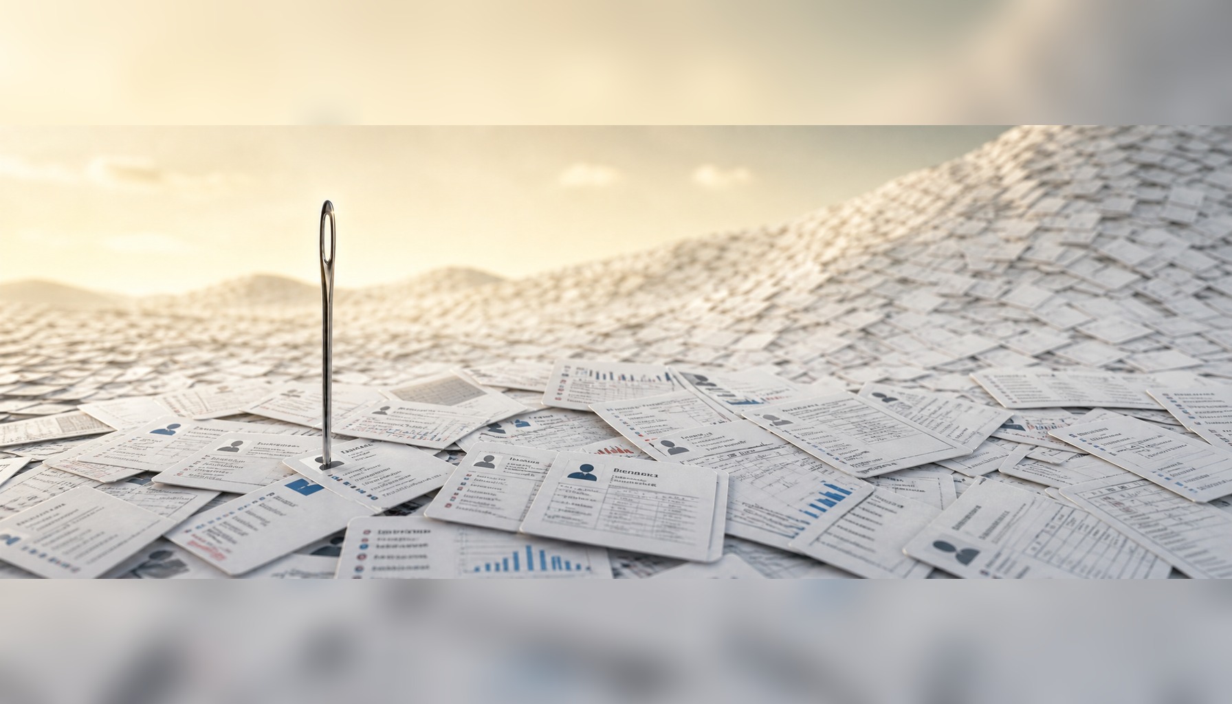 A needle standing in a haystack of business cards symbolizing precision in b2b list building