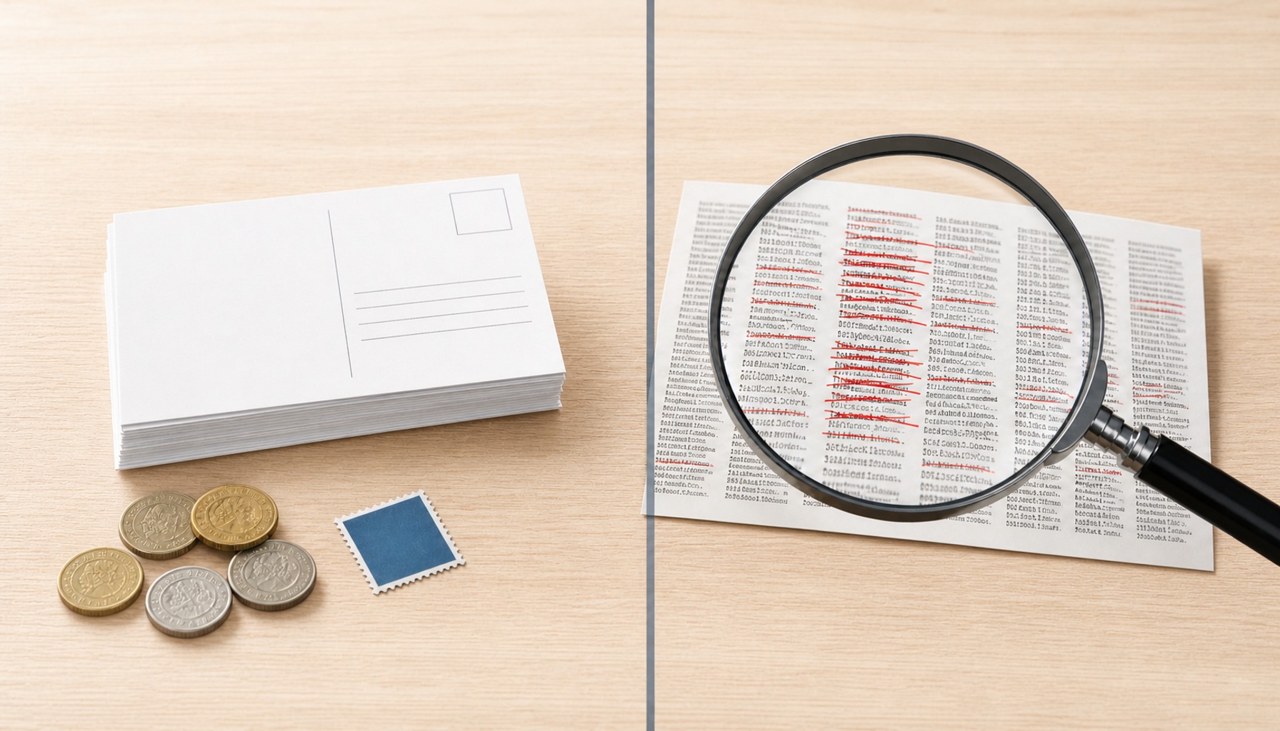 Split desk scene showing direct mail cost components on one side and a magnifying glass revealing list quality issues on the other