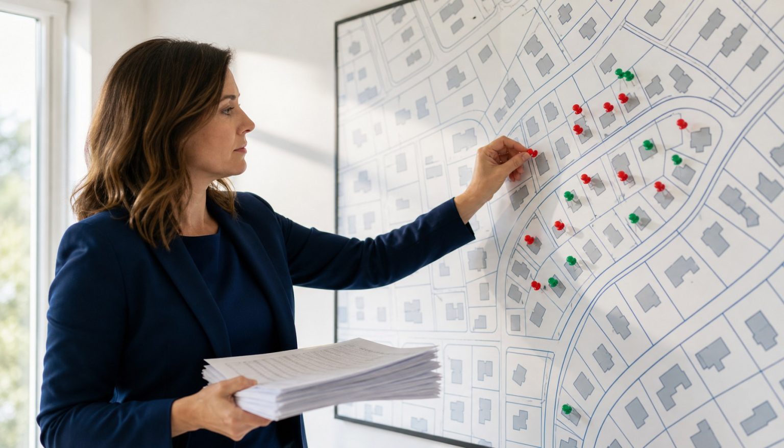 Real estate agent placing pins on a neighborhood map, showing how to get listings as a realtor through data-driven targeting