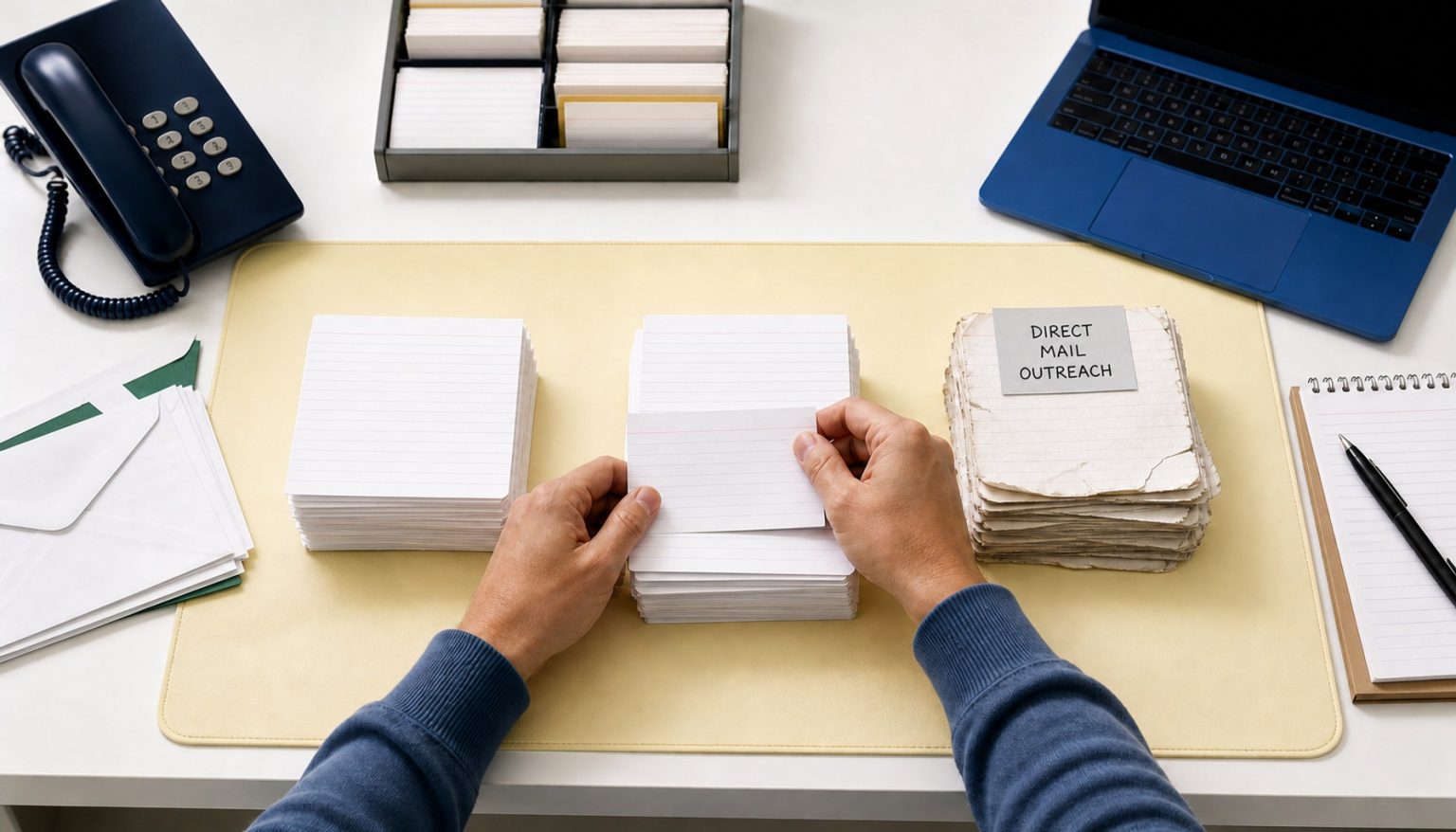 Hands sorting different types of sales leads into categorized stacks on a workspace table
